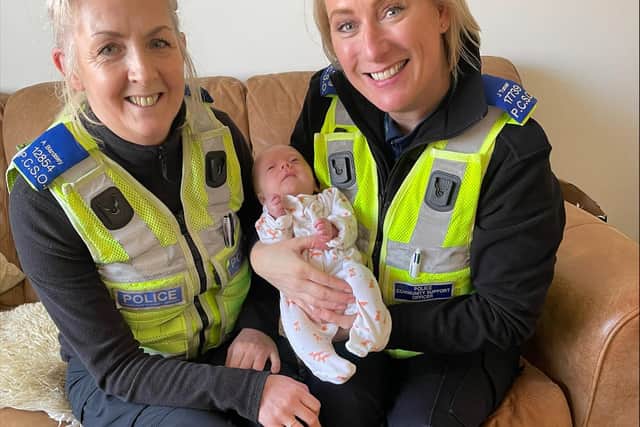PCSOs Amanda Bardsley (left) and Jo Turner (right) with baby Samuel
