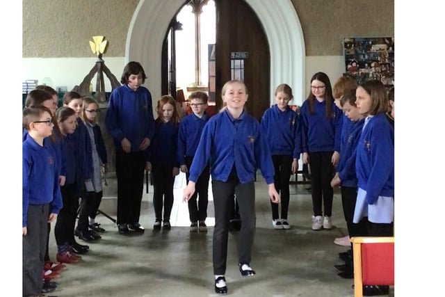 Parents, grandparents, friends and family  attended a service for Earl Sterndale pupils at St Michael’s and All Saints Church where pupils put on a tap dance. Photo Earl Sterndale School