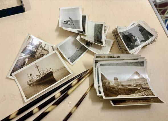 J.W.J Jackson’s personal photographs of expeditions to Egypt in the same box as porcupine spines. Photo Buxton Museum