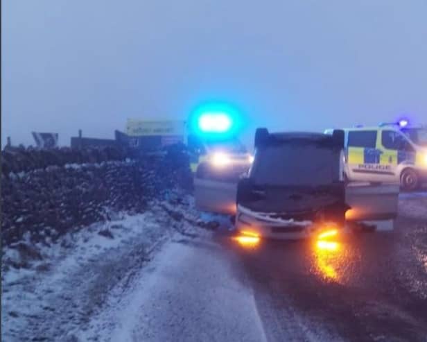 Derbyshire police issue a picture of this crash in Castleton today as motorists were warned of icy roads