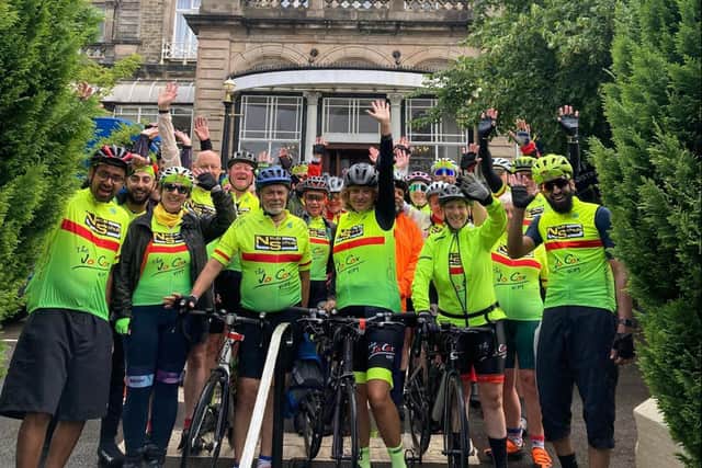 Riders prepare to leave the Palace Hotel in Buxton in rainy conditions on day two of the Jo Cox Way. (Photo: Tim Smith)