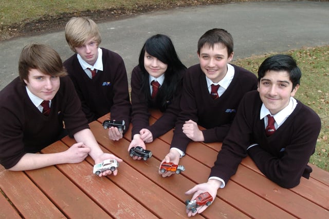 St Thomas More science day, year ten product design students with their hand built dragsters, Sam Bagshaw, Jonathan Chilton, Heather Gerrard, Aaron Woodward and Lorenza-Emilio De'Ciccio. Photo Jason Chadwick