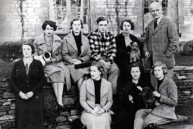 Family photo call of the Mitford family in 1934 at Swinbrook House. taken from the book The Mitford Girls, by Mary S Lovell. From left, Lady Redesdale, Nancy,  Diana, Unity, Thomas,  Pamela Mitford, Jessica, Lord Redesdale and Deborah who later became Duchess of Devonshire.
