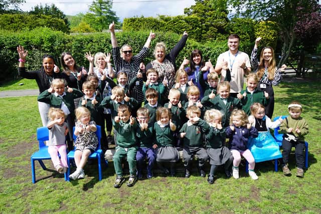 Combs Infant School celebrating a good Ofsted visit. Photo Brian Eyre