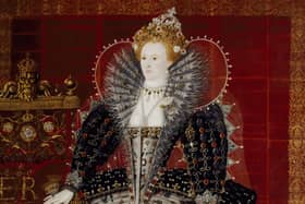 QUEEN ELIZABETH I, Studio of Nicholas Hilliard. 88 inches (inc 9 inch later extension below) x 66 and 1/2 inches (223x165 cm).
Credit: Hardwick Hall/The Devonshire Collection (acquired through the National Land Fund and transferred to the National Trust in 1959)