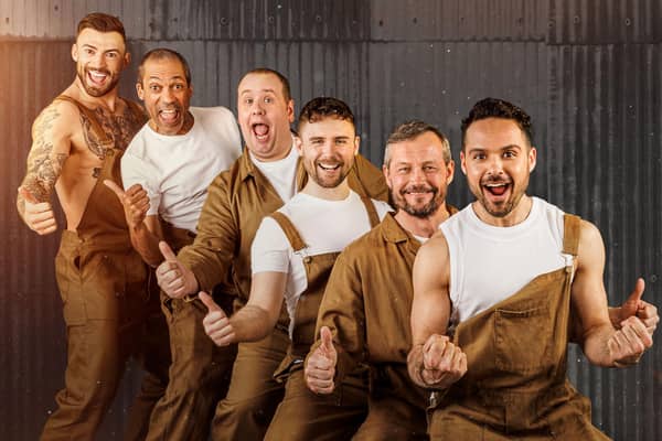 Jake Quickenden, Ben Onwukwe, Neil Hurst, Danny Hatchard, Bill Ward and Nicholas Prasad in The Full Monty, touring to Buxton Opera House from September 26 to 30, 2023 (photo: Ellie Kurtz)