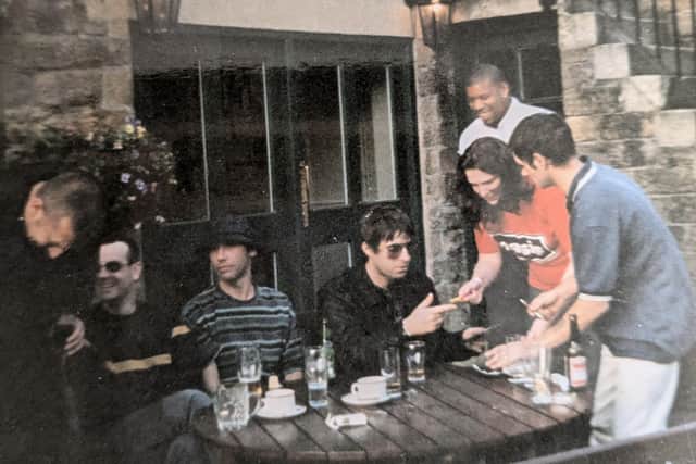 Liam Gallagher outside The Castle Pub, in Bakewell in the 90s.