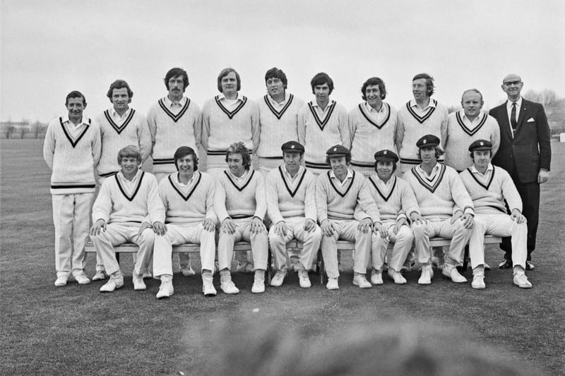 The players of Derbyshire County Cricket Club on 26th May 1972. From left to right (back row) Edwin Smith, Anthony (Tony) Borrington, Ashley Harvey-Walker, David Wilde, Mike Hendrick, Robert Swindell, Chris Wilkins, Philip Russell, Frederick Swarbrook and C. Beardmore; (front row) Peter Eyre, Michael Page, Bob Taylor, Ian Buxton, Ian Hall, John Harvey, Alan Ward and Peter Gibbs.