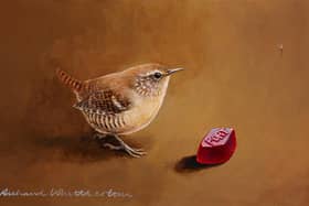 Richard Whittlestone's painting of a wren with a wine gum.
