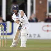 DERBY, ENGLAND - AUGUST 31: Alex Hughes of Derbyshire CCC is bowled by Michael Neser of Australia during day three of the Tour Match between Derbyshire CCC and Australia at The County Ground on August 31, 2019 in Derby, England. (Photo by Ryan Pierse/Getty Images)