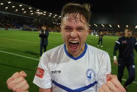 Buxton FC will take on Morecambe in the FA Cup second round on Saturday after beating York City last month. Matt Curley enjoys the win over York   - Pic by : Richard Parkes