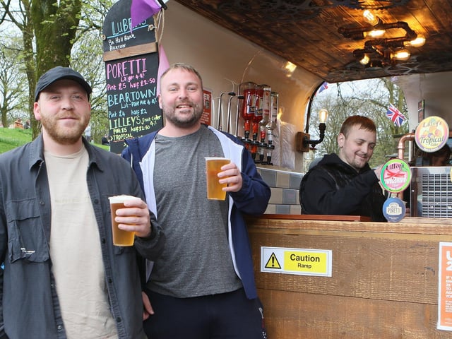 Friends having a quick pint at Buxton's Spring Fair. Pic Jason Chadwick