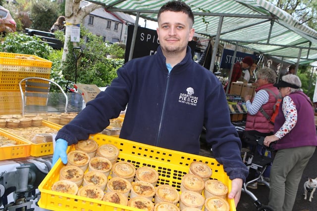 Matt Campbell of Derbyshire Pie & Co stocking up his stall