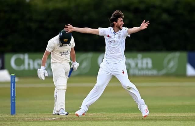 Fynn Hudson-Prentice of Derbyshire successfully appeals for the wicket of Nottinghamshire captain Steven Mullaney during the LV= Insurance County Championship match between at Derbyshire and Nottinghamshire The Incora County Ground (Photo by Gareth Copley/Getty Images)