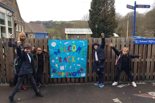 Seren Hathway and some of the Y3 pupils who returned back to classroom lessons at Whaley Bridge Primary School on Monday following eight weeks of online learning.