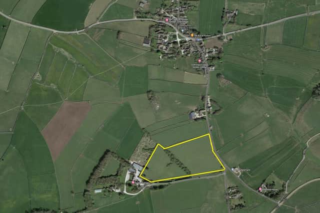 The site, outlined in yellow, lies just south of Foolow and in a prominent position on the landscape.