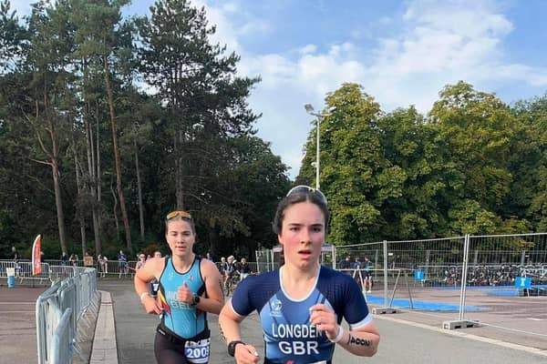 Former Buxton AC member Grace Longden on her way to a bronze medal.