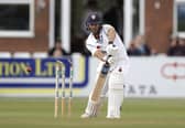 DERBY, ENGLAND - AUGUST 31: Alex Hughes of Derbyshire CCC is bowled by Michael Neser of Australia during day three of the Tour Match between Derbyshire CCC and Australia at The County Ground on August 31, 2019 in Derby, England. (Photo by Ryan Pierse/Getty Images)