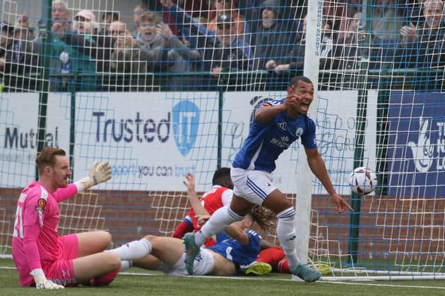 Buxton celebrate after Kieran Burton (on floor) opens the scoring. Photo: Jason Chadwick.