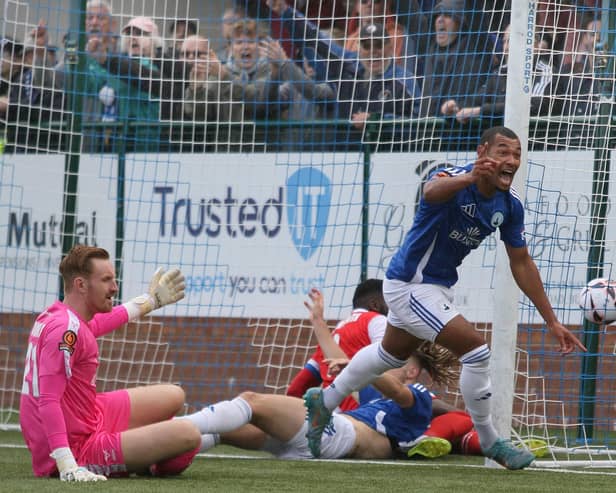 Buxton celebrate after Kieran Burton (on floor) opens the scoring. Photo: Jason Chadwick.