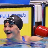 Abbie Wood celebrates after achieving qualification for the Olympic Games at the British Swimming Championships. (Photo by Alex Pantling/Getty Images)