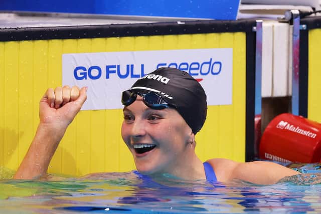 Abbie Wood celebrates after achieving qualification for the Olympic Games at the British Swimming Championships. (Photo by Alex Pantling/Getty Images)