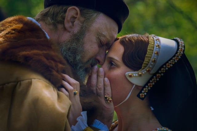A tender moment between King Henry VIII and Catherine Parr, played by Jude Law and Alicia Vikander, in Firebrand.