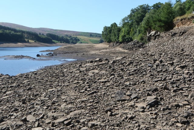 Water levels at the Errwood Reservoir in the Peak District have dropped significantly - exposing areas that are usually underwater.
