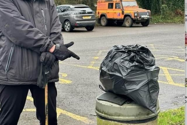 Mike Greensmith has been litter picking after the the bin was removed from Bowden Bridge car park in Hayfield.