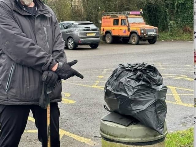 Mike Greensmith has been litter picking after the the bin was removed from Bowden Bridge car park in Hayfield.