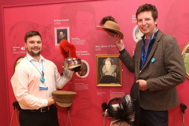 The Buxton Crescent Visitor Experience celebrates being shortlisted for a national award, Stefan Hales-Jozefczyk and Ben Offord in the Review Room which has a range a head gear to try on