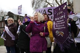 Women against state pension inequality (WASPI) protest outside the Houses of Parliament in central London . Photo: ISABEL INFANTES/AFP via Getty Images