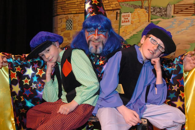 John Orchard with Thomas Birch and Damion Glover for the 2013 production of Puss in Boots performed by Youlgrave Panto. Photo Jason Chadwick