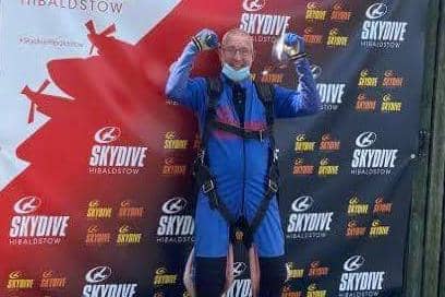 Mark Kirkham after completing his skydive for Blythe House Hospicecare.