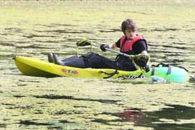 Leo Mycock struggling to paddle on the Pavilion Gardens Lake. Photo Jason Chadwick