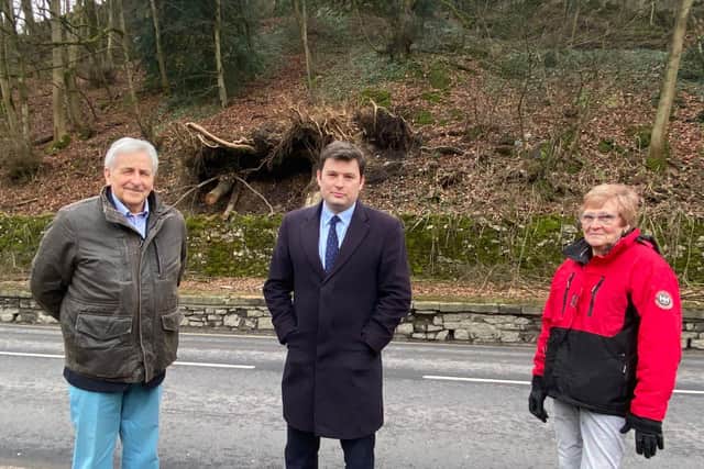 Councillor Tony Kemp, Robert Largan MP and Councillor Linda Grooby in front of the High Path on Bakewell Road.