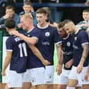 Buxton celebrate the third goal against Blyth Spartans on Saturday. Pic by Jason Chadwick.