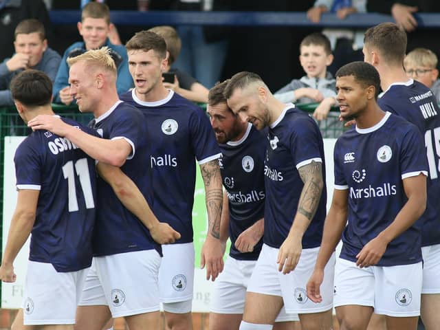 Buxton celebrate the third goal against Blyth Spartans on Saturday. Pic by Jason Chadwick.