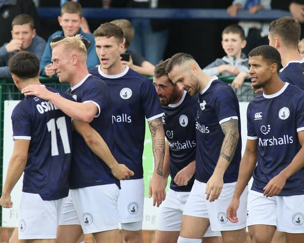 Buxton celebrate the third goal against Blyth Spartans on Saturday. Pic by Jason Chadwick.