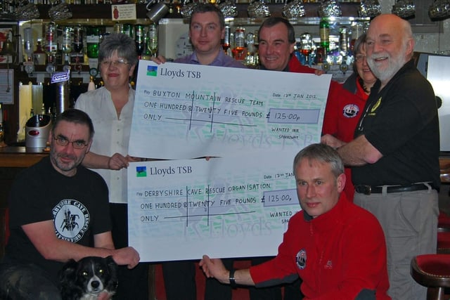 Members of Derbyshire Cave Rescue and Buxton Mountain Rescue Team receive support from Sheila and Steve Price at the Wanted Inn in 2012