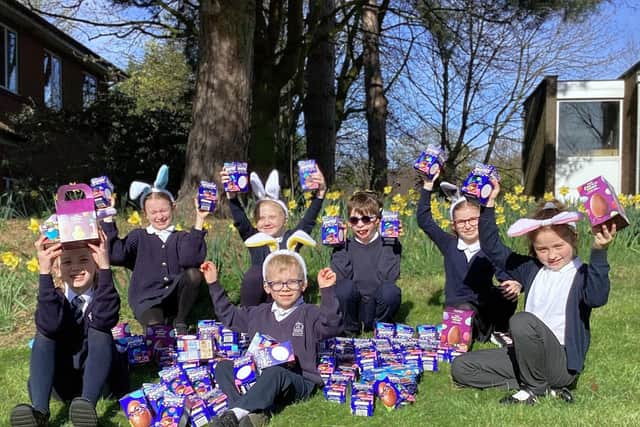 Children from Royal School for the Deaf Derby with some of the eggs.