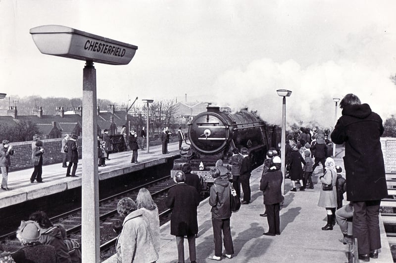 A sight for sore eyes is the impressive bulk of the Flying Scotsman as it steams through Chesterfield Station on its way to Derby workshops for a refit. The famous engine had been unloaded from a boat in Liverpool after being on display in America - 19th February 1973