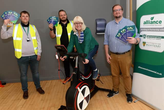 From left, Joel Rawlin of Alliance Environmental Services, Glossop leisure centre manager Rob Smith, Councillor Jean Todd, and Councillor Damien Greenhalgh.