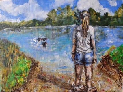 A vivid scene showing a girl paddling at a lake’s edge while looking over the water