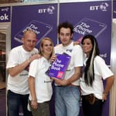 Picture shows Local Contestants , L to R,  Lee Machen from Barnsley South Yorks, Aimee Dowing from Doncaster, Patrick Ahern, from Mexborough,  Leannne Paterson  from Doncaster, who will compete against each other by living in a box In the Phone Book from BT"S Living by the Book, at the Oasis in Meadowhall Sheffield