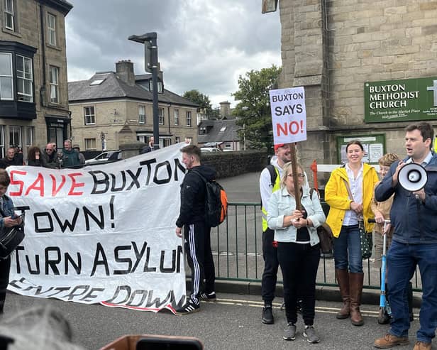 Protests last summer when plans were submitted to convert the former halls of residence in Buxton in to a 288-bed asylum centre. Photo submitted