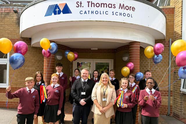 Headteacher David Redfern, Deputy Headteacher Sarah Lancett and pupils.