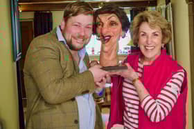 Auctioneer Angus Ashworth and Edwina Currie posing with a puppet version of the former MP for South Derbyshire and Junior Health Minister (photo: Really UK/Warner Bros Discovery).