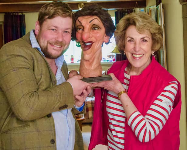 Auctioneer Angus Ashworth and Edwina Currie posing with a puppet version of the former MP for South Derbyshire and Junior Health Minister (photo: Really UK/Warner Bros Discovery).