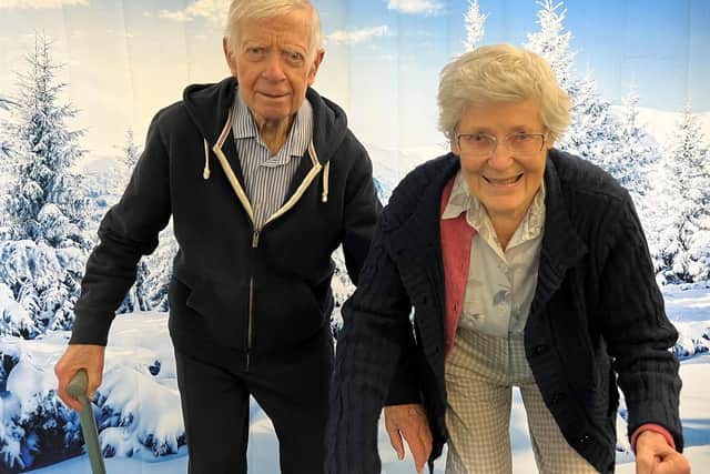 Dennis Easy, 88, and Anne MacDonald, 89, having a go at Nordic walking.